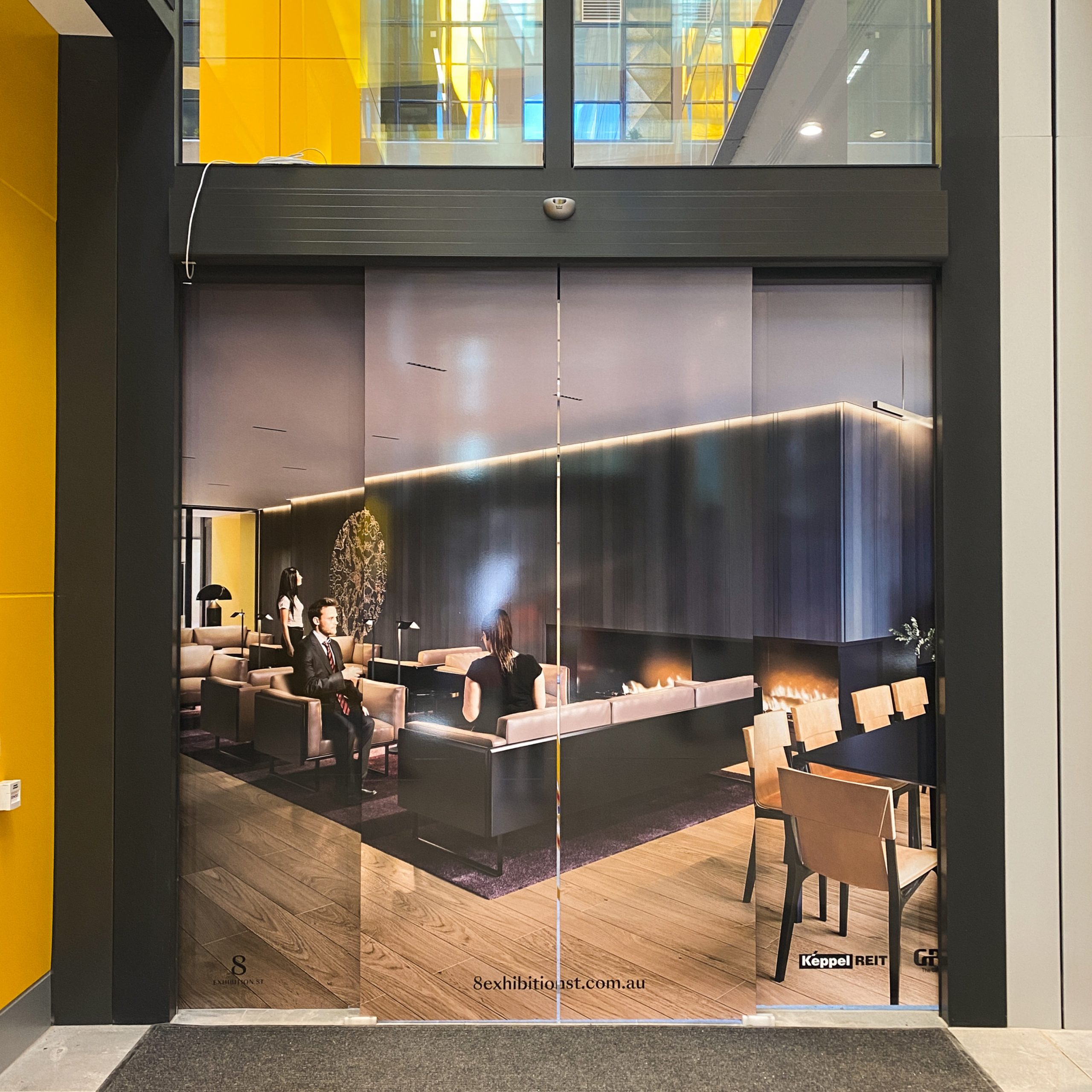 Decal applied to lift in 8 Exhibition Street lobby