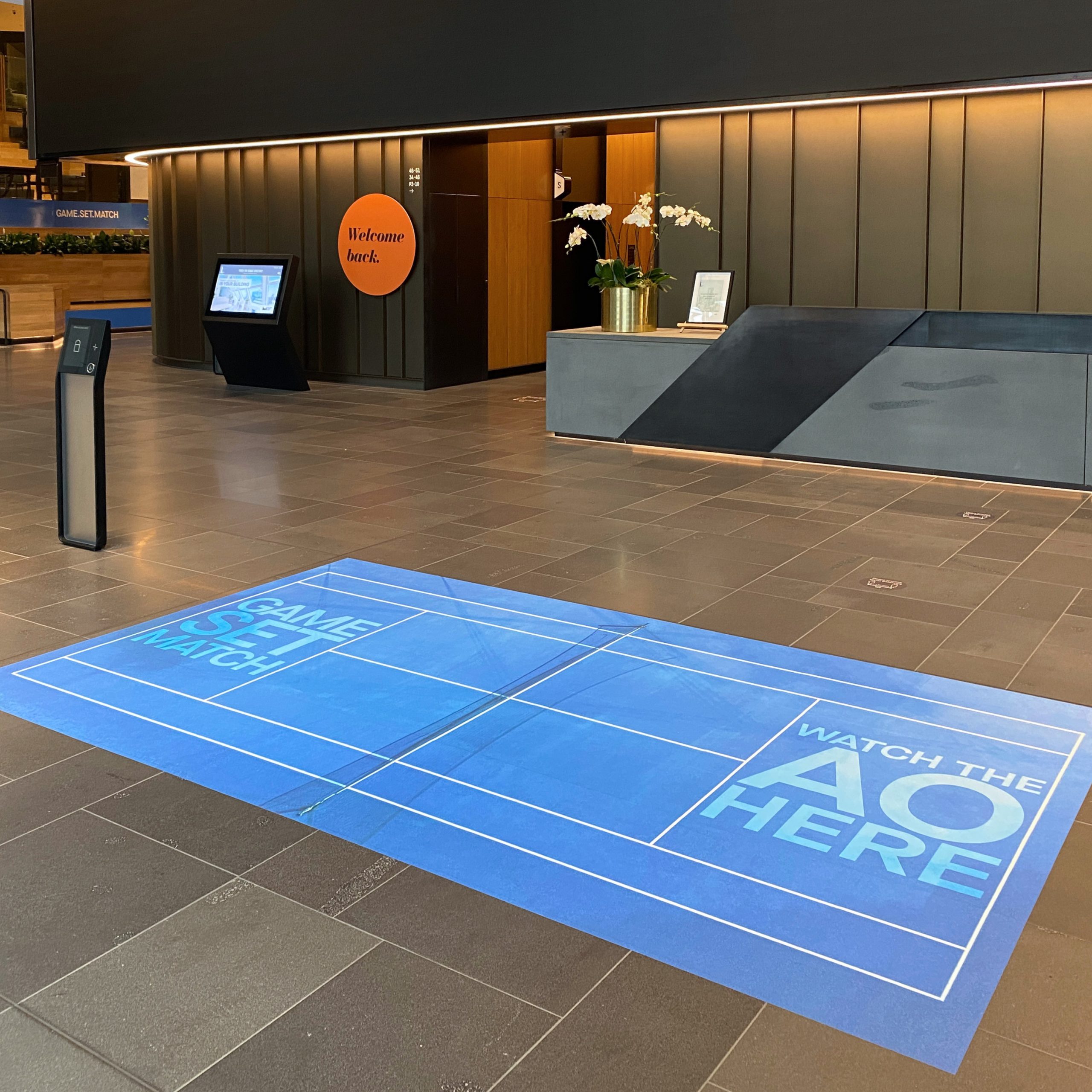 Aus Open vinyl decal applied to floor of Melbourne Central Tower lobby
