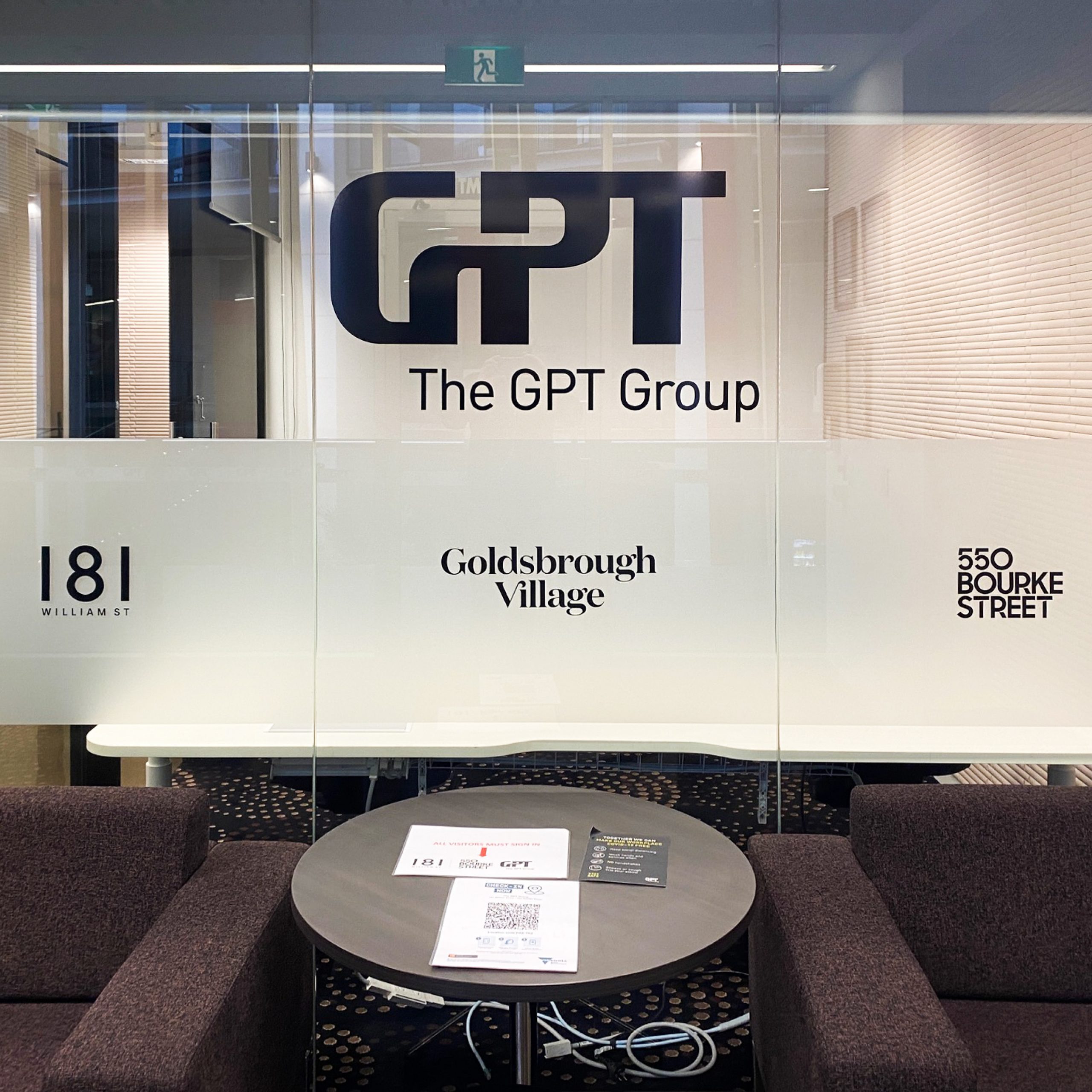Frosting and vinyl decals installed on The GPT Group’s office window at CBW